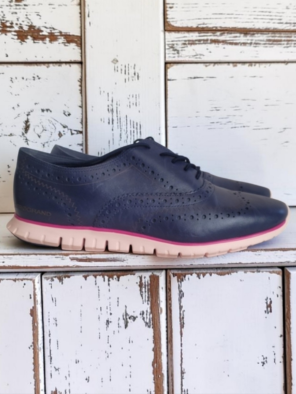 Cole Haan ZERØGRAND Wingtip Oxford Leather Shoes Marine Blue Pink W24574 Size 8B